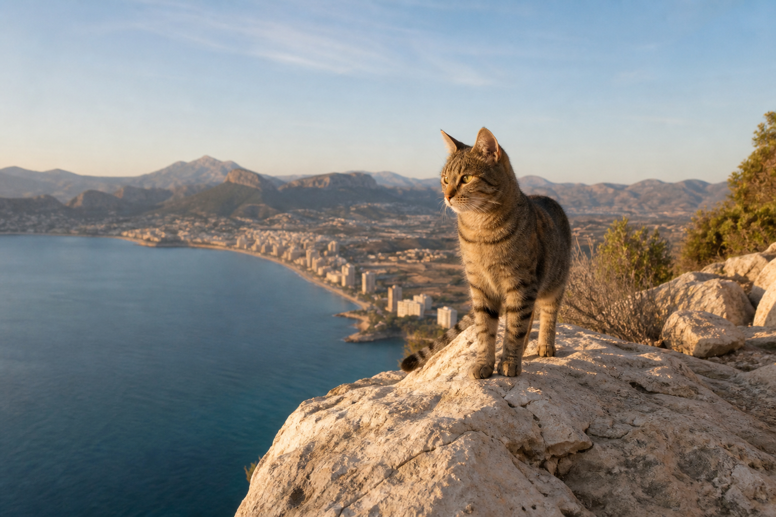 Tabby cat standing on a limestone ridge above Calpe and the Mediterranean