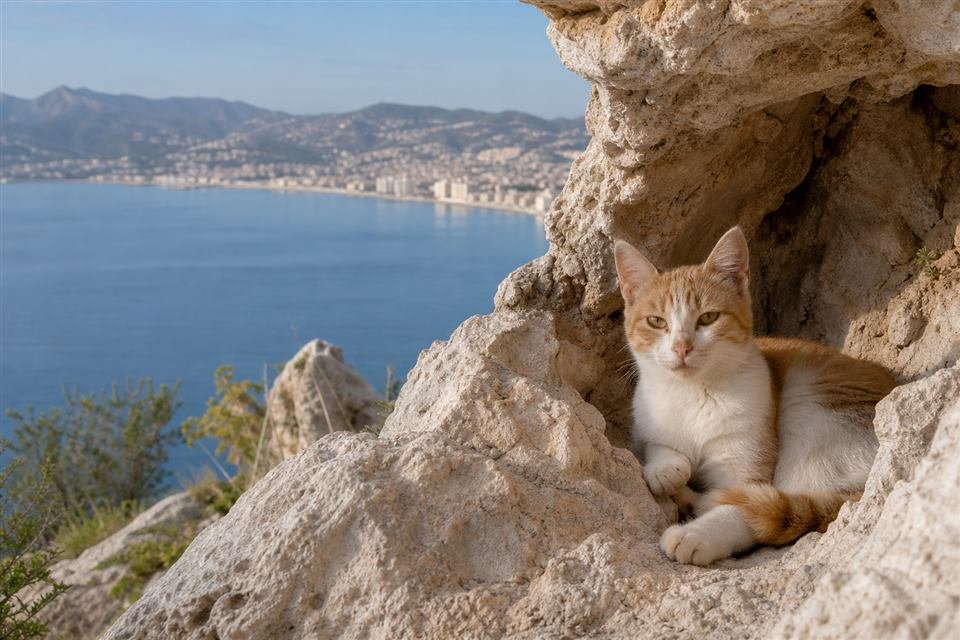 Ginger and white cat resting in a rocky shelter overlooking Calpe Bay