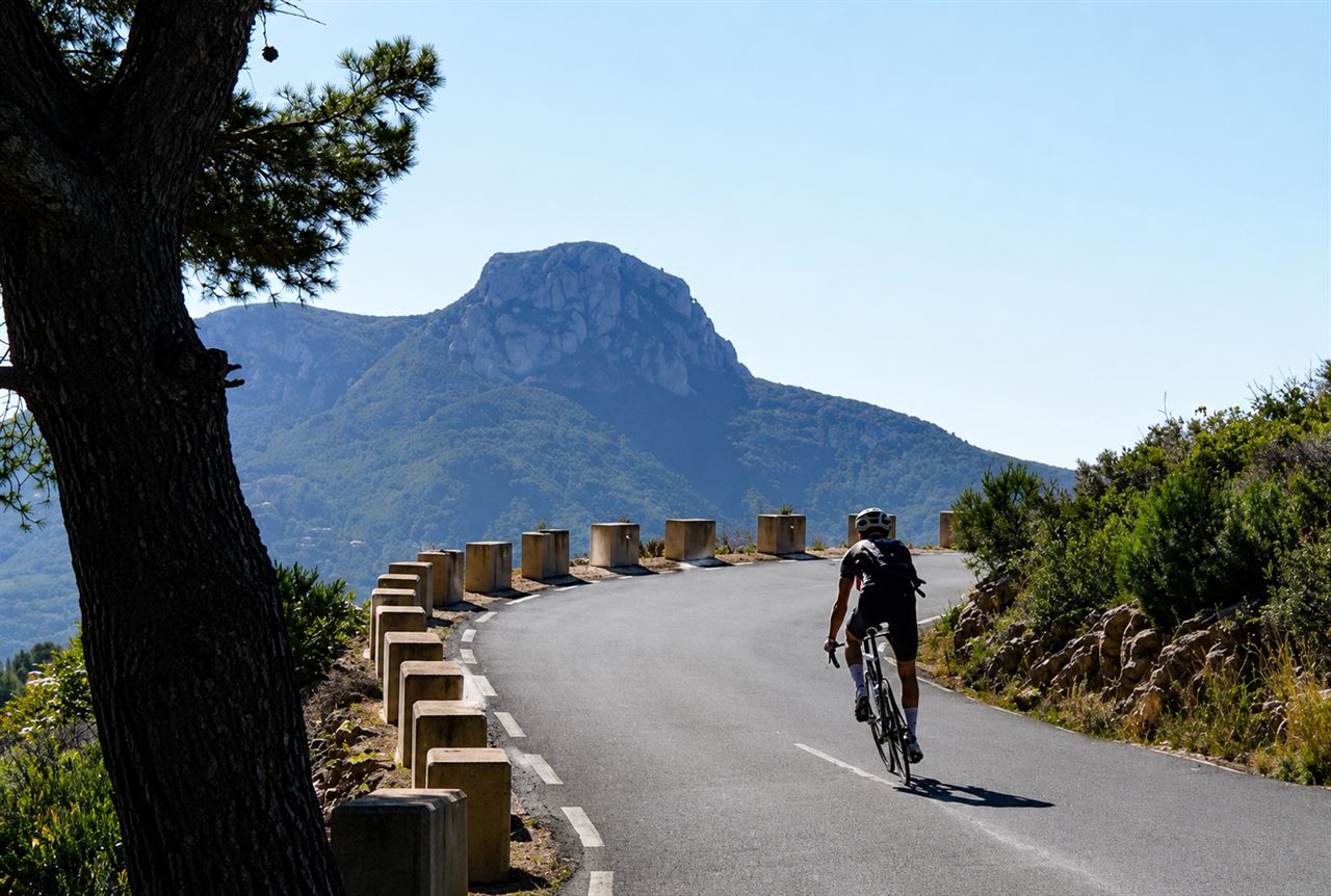 Road cyclist riding towards the Penon de Ifach near Calpe