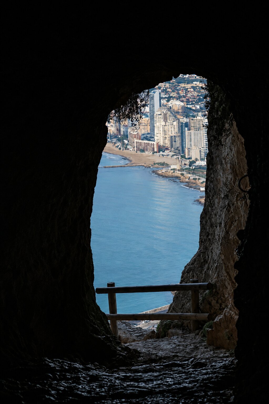 Calpe coastline viewed through the Penon de Ifach tunnel